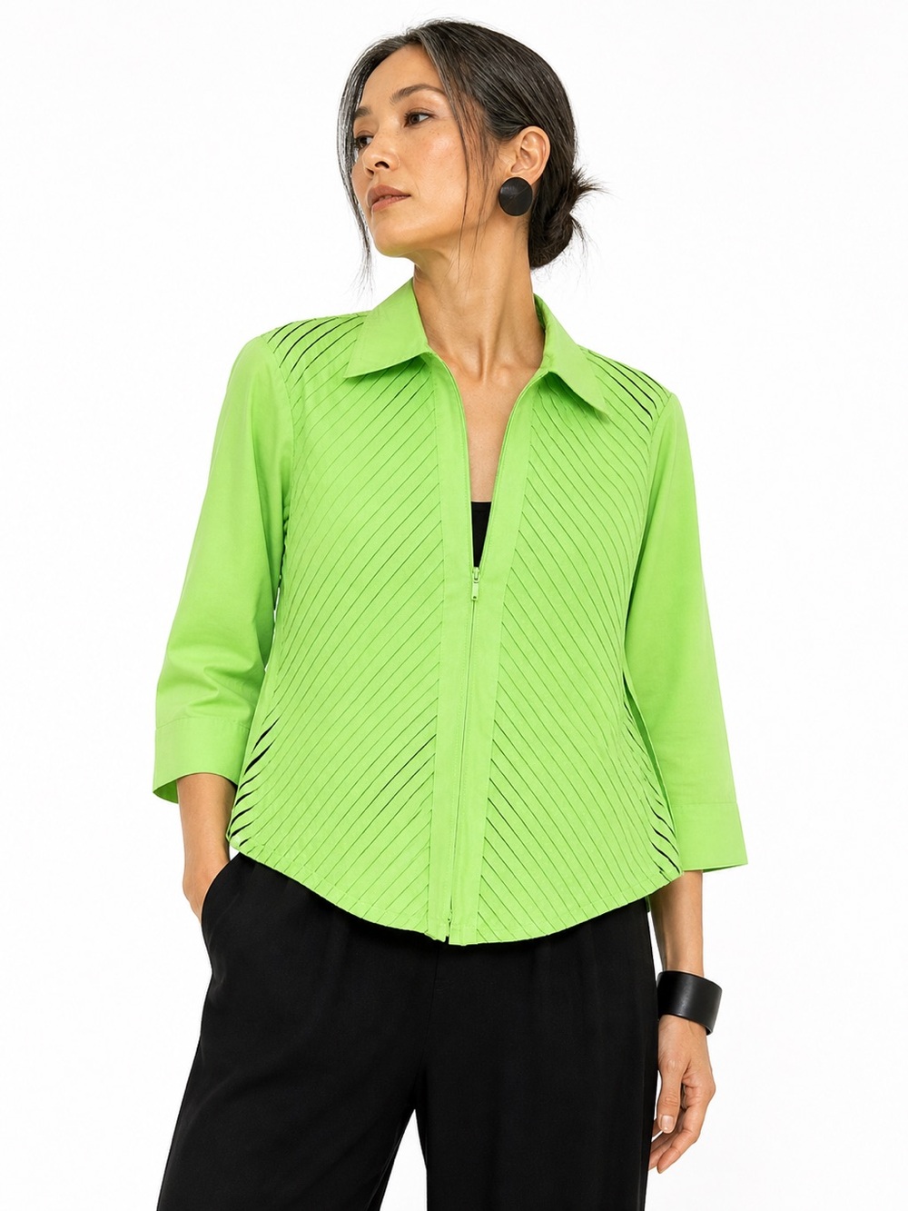 Stera Lime Green Pleated Zip Jacket Top Pintuck Cotton Cropped Large‎